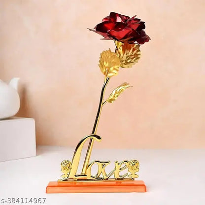 Artificial Red Rose with Love Stand Gold Plated Leaf