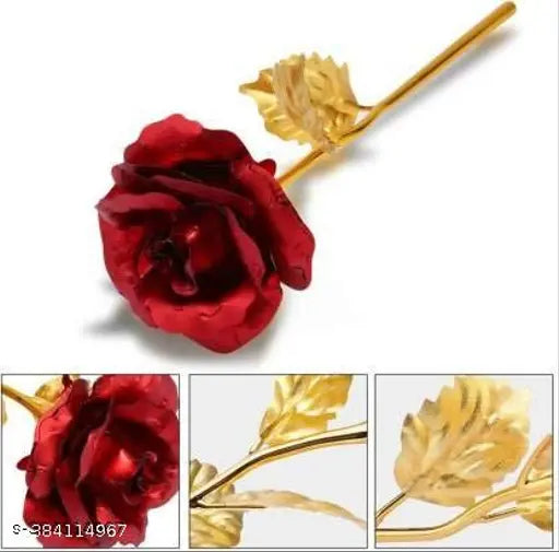 Artificial Red Rose with Love Stand Gold Plated Leaf